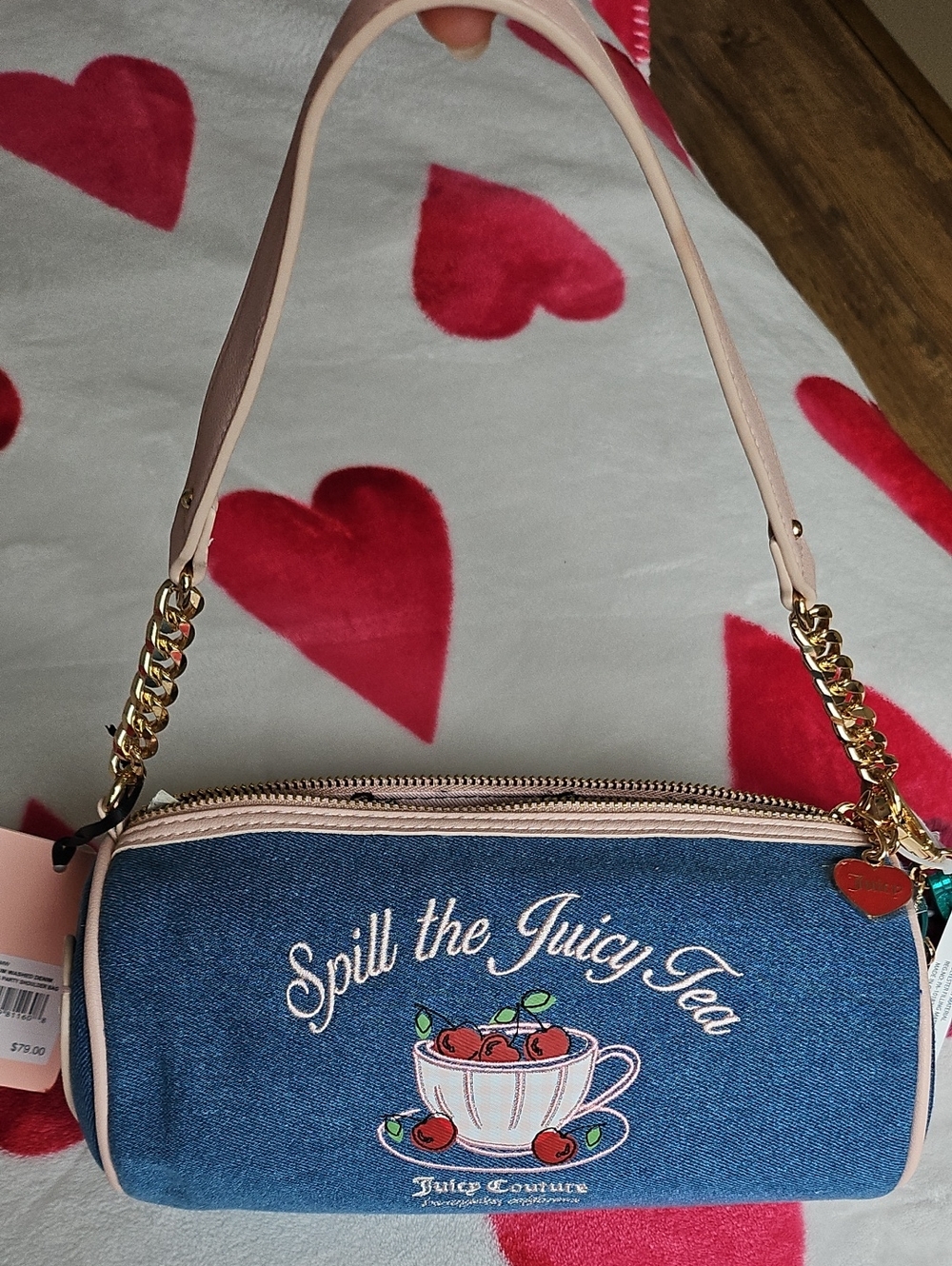 Juicy Couture Blue Denim Mini Shoulder Bag with Pink Trim and Gold Hardware